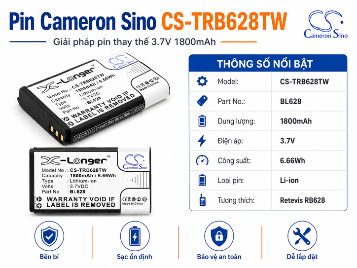 Pin Cameron Sino CS-TRB628TW Li-ion 1800mAh Cho Bộ Đàm Retevis RB628