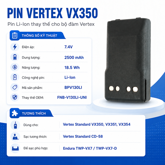 Pin bộ đàm Vertex VX350 BPV130LI