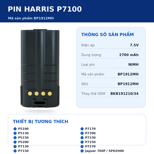 Pin bộ đàm Harris P7100 BP1912MH